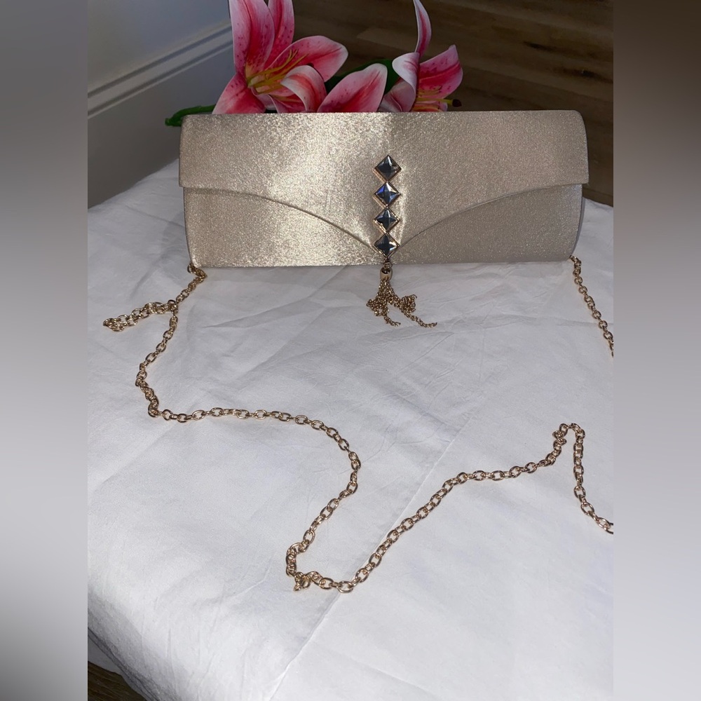 NWOT RSVP Gold Clutch with Chain and Stud Accents